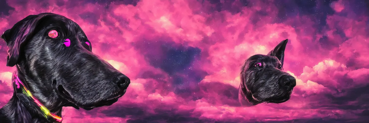 Image similar to hyperdetailed illustration, portrait big dog face, mohawk, stars, dark, pink, big train in space, pirate neon ship, neon, oil painting, rich deep colors masterpiece, ultra detailed, contrast, heaven pink, clouds, volumetric light, atmospheric lighting, dramatic, cinematic, moody, octane render 4 k, 8 k