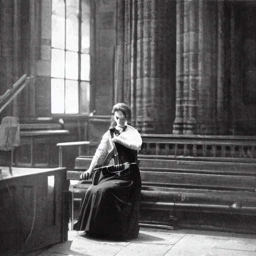 Image similar to a young edwardian woman playing a violin inside a cathedral, black and white photograph