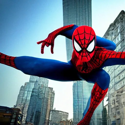 Image similar to spiderman swinging through the city, seen from below, far away, blurry photo, 2 0 1 0