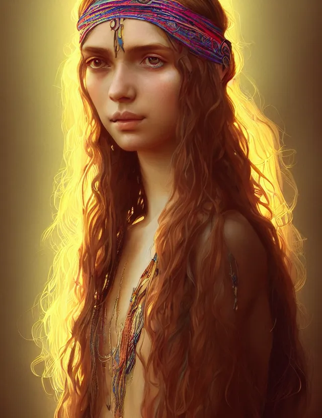 Image similar to portrait of a young woman wearing boho clothing, hippie girl, long hair, groovy hairband, bangs, intricate, smooth, groovy lighting, highly detailed, digital painting, artstation, concept art, smooth, sharp focus, illustration, art by wlop, mars ravelo and greg rutkowski