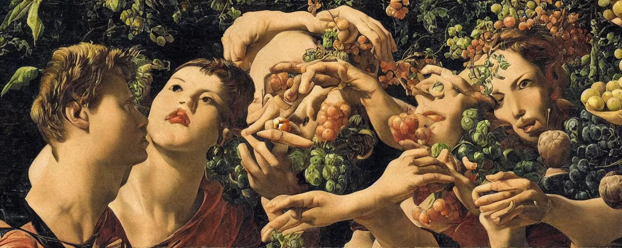 Image similar to men and women, closeup portrait, garden with fruits on trees, ultra detailed, Orazio Gentileschi style