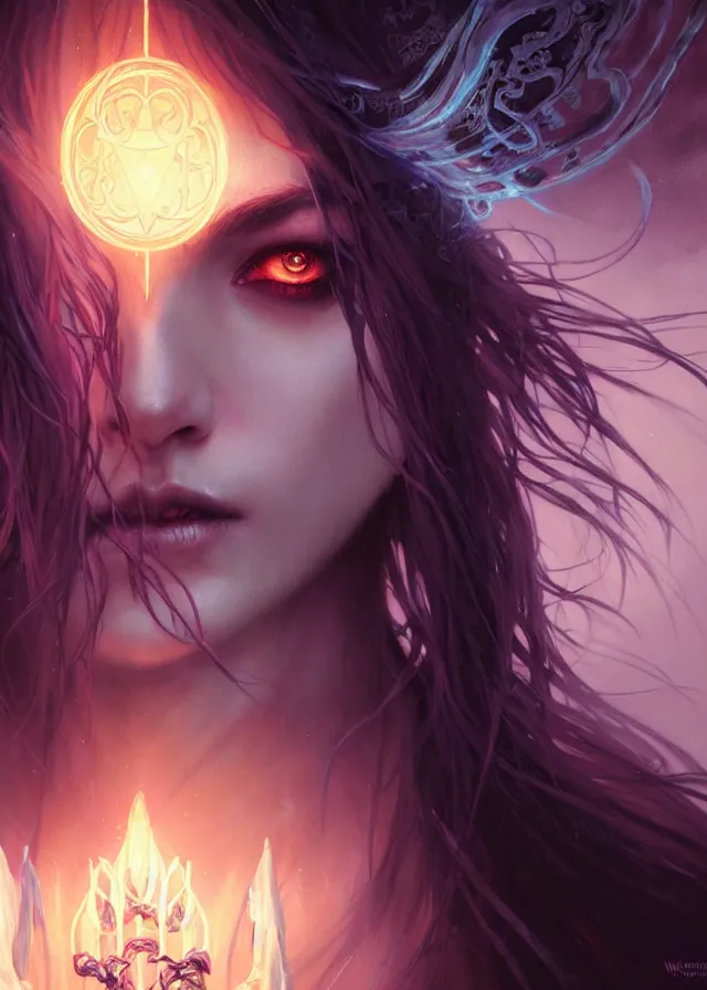 Image similar to Necromancer Sorceress face close-up macro in center, fantasy magic, undercut hairstyle, dark light night, intricate, elegant, sharp focus, illustration, highly detailed, digital painting, concept art, matte, art by WLOP and Artgerm and Greg Rutkowski and Alphonse Mucha, masterpiece