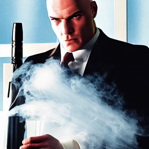 Image similar to photo of hitman agent 4 7 in a bubble bath, smoking