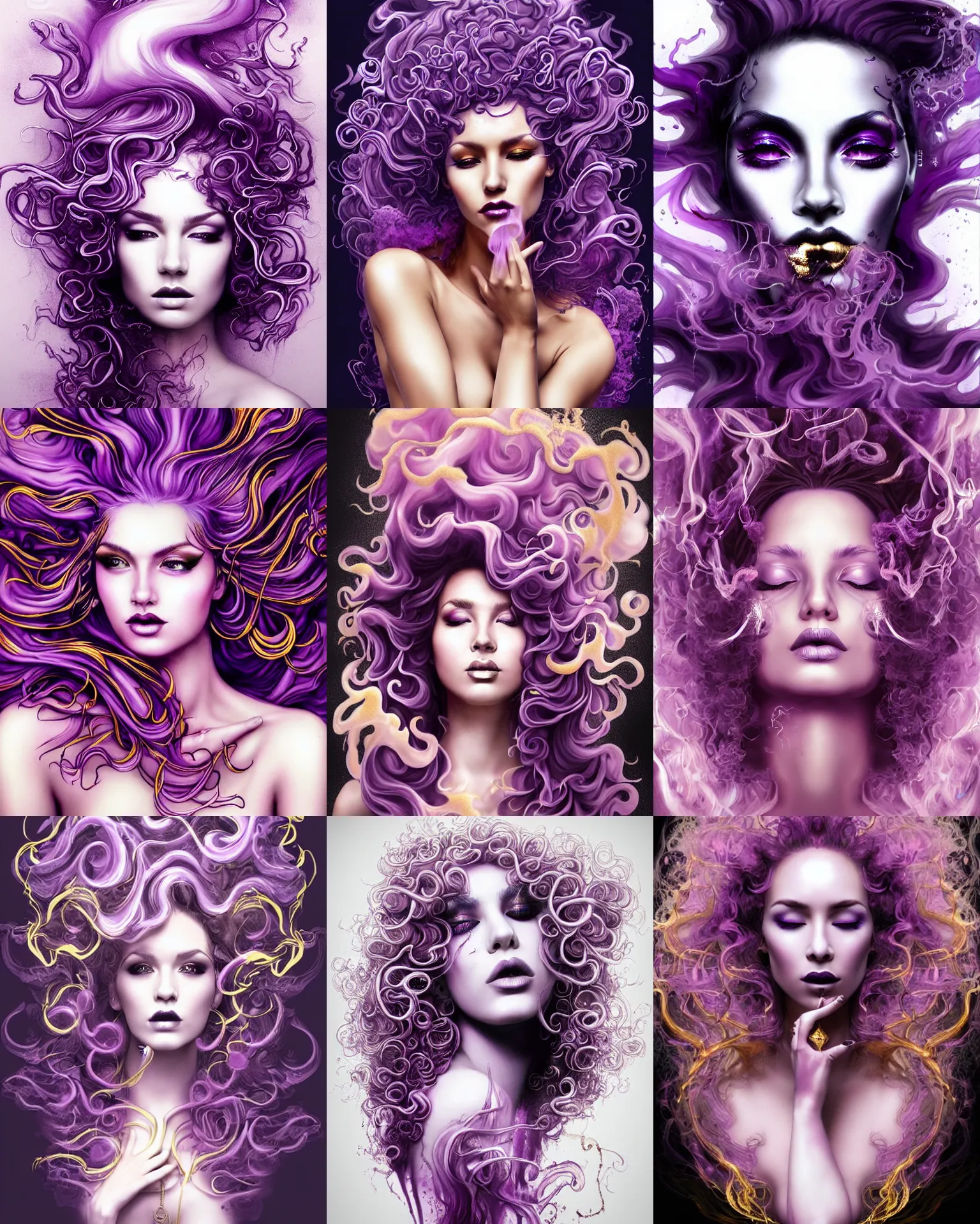 Prompt: beautiful priestess with curly mauve gilded hair, ink smoke swirling fluid, vibrant, artgerm, photorealism, portrait