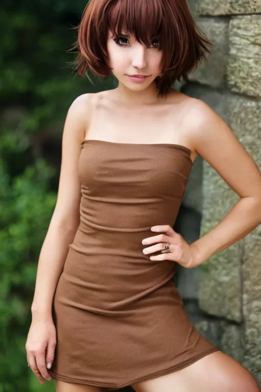 Image similar to beautiful woman with short brown hair, brown eyes, v-cut dress, anime