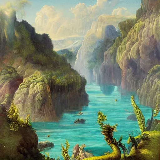 Prompt: painting of a lush natural scene on an alien planet by rafaello ossola. beautiful landscape. weird vegetation. cliffs and water.