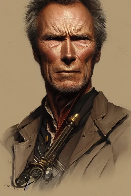 Image similar to heroic character design of clint eastwood, portrait, western, steampunk, duster, fantasy, intricate, elegant, highly detailed, digital painting, artstation, concept art, sharp focus, illustration, art by artgerm and greg rutkowski and alphonse mucha