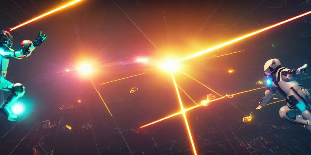 Prompt: futuristic spacemen firing lasers in zero gravity, skintight suits, floating, floating polygon shapes as obstacles, surrounded by a laser grid, unreal engine, lensflare, glow, bloom, neon