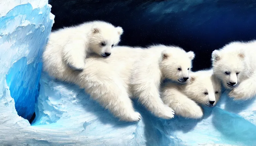 Image similar to highly detailed painting of cute furry white baby bear cats cuddling into each other on a blue and white iceberg by william turner, by greg rutkowski, by william constable, thick brush strokes and visible paint layers, 4 k resolution