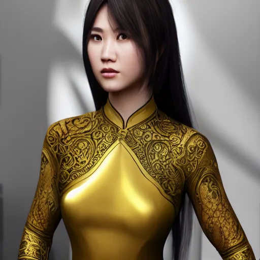 Image similar to muscular oiled woman wearing ao dai, ultra realistic, concept art, intricate details, highly detailed, photorealistic, octane render, 8 k, unreal engine.