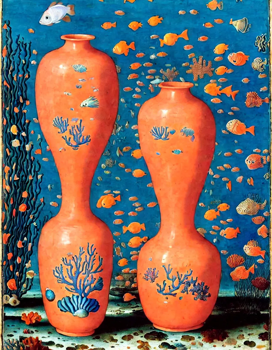 Image similar to bottle vase of coral under the sea decorated with a dense field of stylized scrolls that have opaque outlines enclosing mottled blue washes, with orange shells and purple fishes, ambrosius bosschaert the elder, oil on canvas, around the edges there are no objects