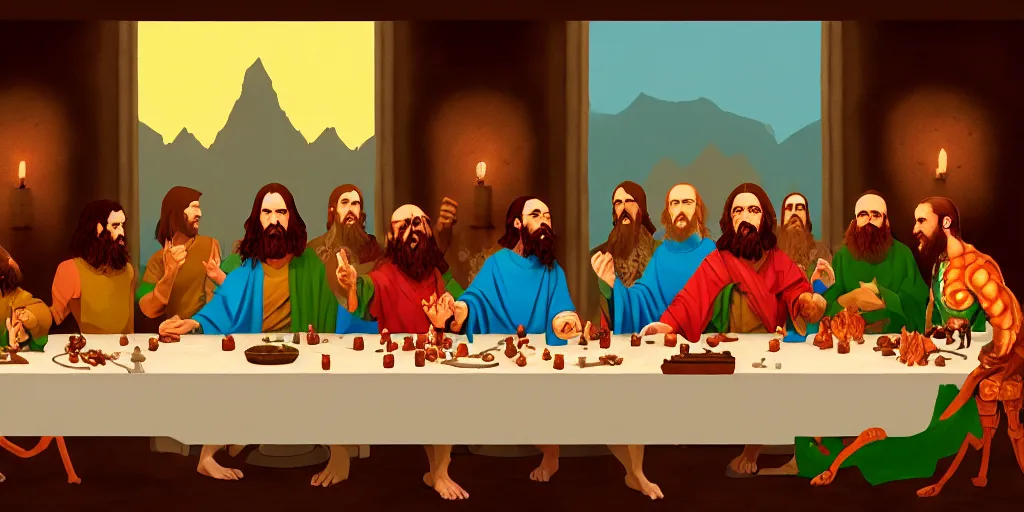 Image similar to dungeon and dragons last supper by wes anderson, digital painting, trending on artstation, sharp focus, 4 k