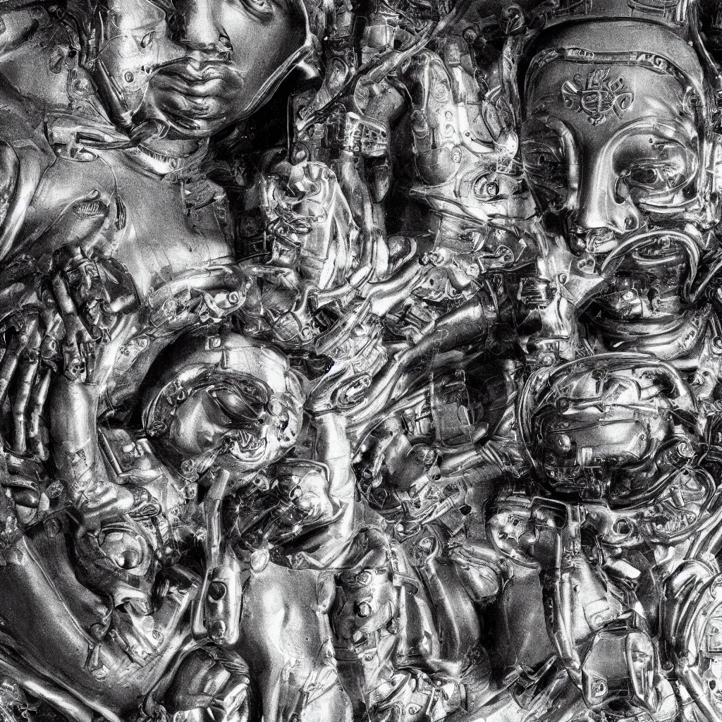 Image similar to cyborg astronaut buddha meditating , detailed intricate insanely detailed octane render, 8k artistic 1920s photography, photorealistic, black and white, chiaroscuro, hd, by David Cronenberg, Raphael, Caravaggio