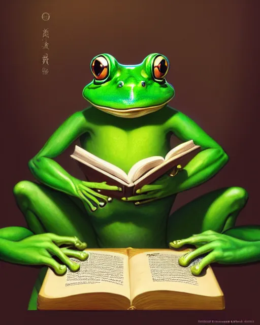 Prompt: anthropomorphic art of an elegant green frog, dressed as dendy, at the mushroom table, reading a book, by artgerm, victo ngai, ryohei hase, artstation, highly detailed digital painting, smooth, global illumination, fantasy art by greg rutkowsky, karl spitzweg, leyendecker