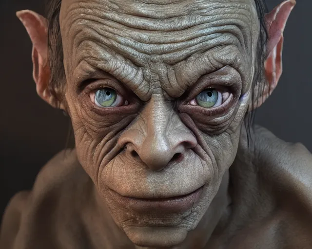 Prompt: wawrick davies as gollum, character art, by various concept artists, redshift render, hyperrealistic face, photorealistic render