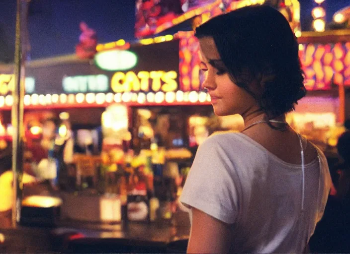 Prompt: a candid, color cinema film still of a selena gomez as a waitress at hooters having a cigarette out back, cinematic lighting at night.