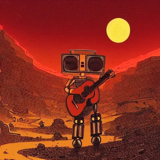 Image similar to illustration of a robot playing guitar in a ruined burning street by kilian eng, katsuhiro otomo and jean giraud moebius, biomechanical, nightime, blood moon