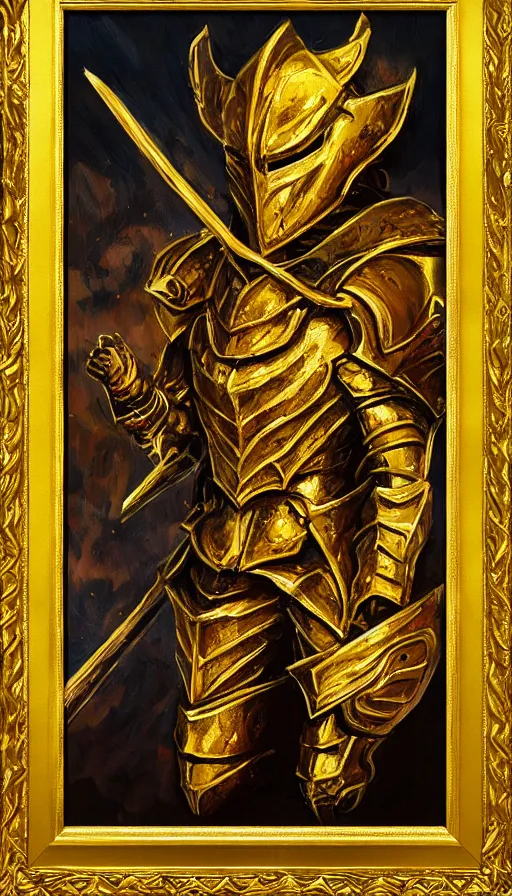 Image similar to golden knight, oil painting, extremely detailed, art station, concept art, faded pallette