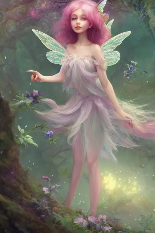 Image similar to a cute and geogerous fairy in the dreamy forest, fantasy, dreamlike, 8 k resolution, hyper detailed, d & d, character design, digital painting, trending on artstation, sharp focus, illustration, art by viktoria gavrilenko, hoang lap, fuji choko, steve zheng,