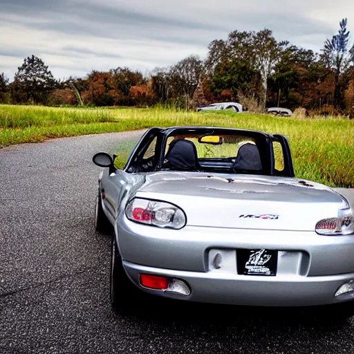 Prompt: a 1999 silver Miata with a giant wing