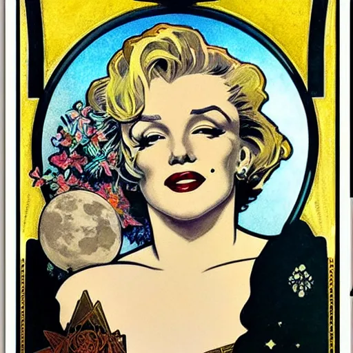 Prompt: marilyn monroe portrait by louis - theophile hingre and alphonse mucha, realistic, sharp focus, zodiac signs, tarot cards, planets, ethereal, art nouveau, magic, moon, sun, smart, wisdom, royal, jewellery
