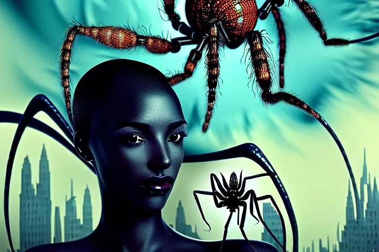 Image similar to realistic detailed photorealistic film portrait shot of a beautiful black woman with a giant spider, sci fi city landscape background by denis villeneuve, amano, yves tanguy, alphonse mucha, ernst haeckel, david lynch, edward robert hughes, roger dean, cyber necklace, dynamic pose, rich moody colours, wide angle