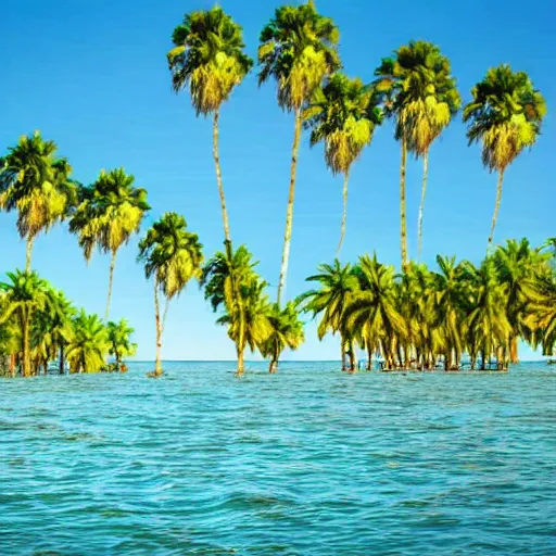 Image similar to surreal palm trees detached trunks floating floating floating in blue sky, random positions floating, flying