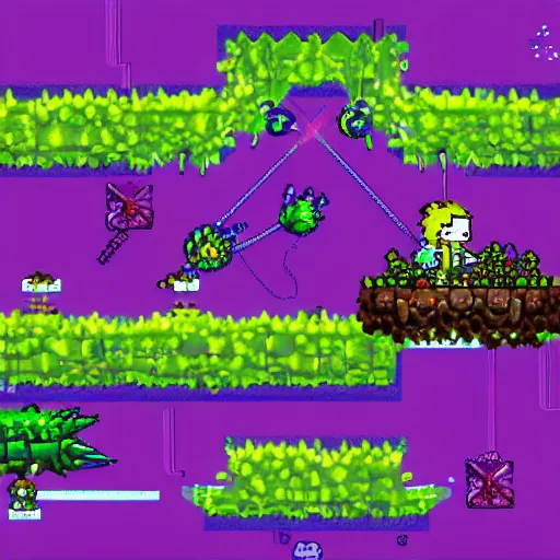 Prompt: hydroponics laboratory in the colony ship travelling to the outer worlds, incredible details :: 2d platformer game screenshot :: plant monster boss fight :: 16 bit pixel art