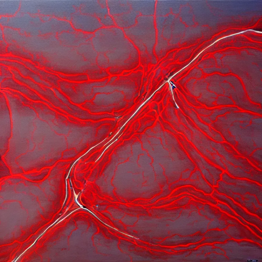 Prompt: painting of highway roads that are like blood arteries leading to the heart's core.