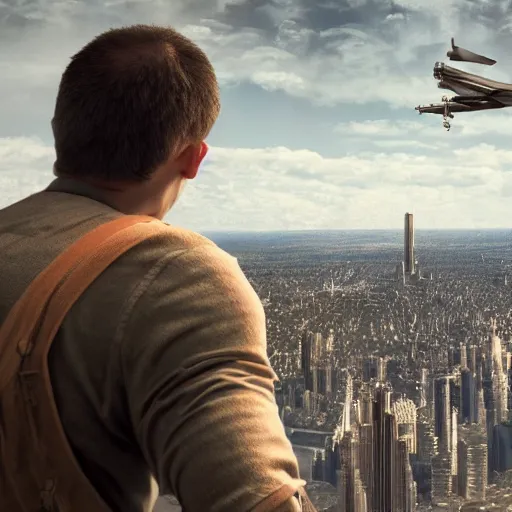 Image similar to giant man looking at people from the sky, high definition movie, photorealistic detail, futuristic production, adventure movie, 8 k