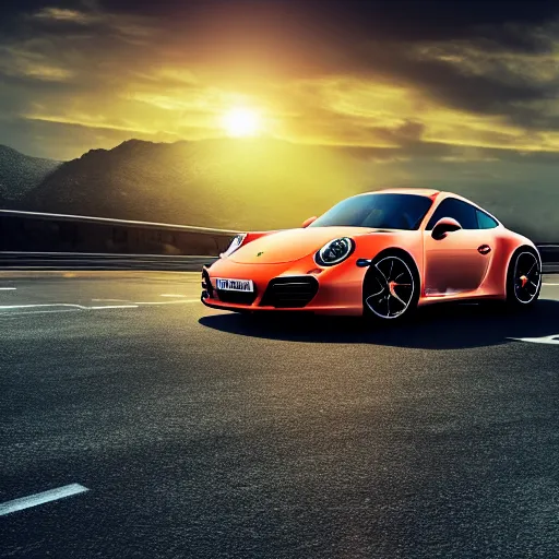 Image similar to porsche 9 1 1 driving sunset hq 4 k, realistic, octane render