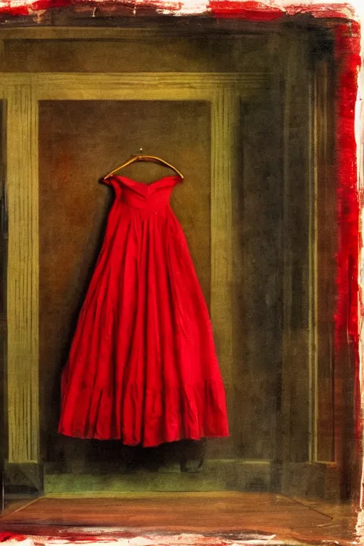 Prompt: an empty red dress laid across a chair in a dark victorian era room. in the style of american impressionism painting. triadic color scheme.