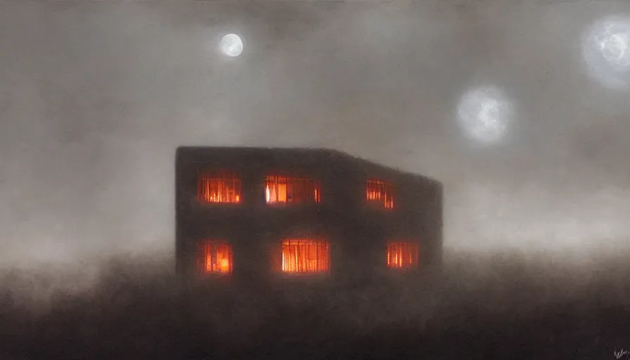 Prompt: an old brutalist building with glowing windows rising up from the mist at night silhouetted by a huge bloodmoon, by Noah Bradley, thomas kincade, Darek Zabrocki, brutalist, James Paick, Natasha Tan, highly detailed, ultra detailed, ultra realistic, trending on artstation, lava, dungeons and dragons, spooky, haunted, geiger