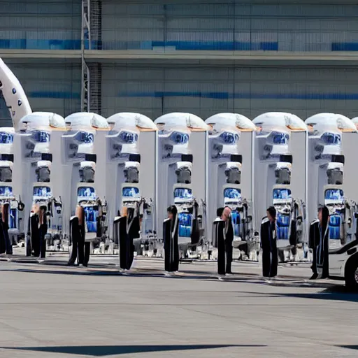 Prompt: a wide shot of a clone army of Jeff Bezos, preparing to board a large rocket. Hyper realistic, photojournalism.