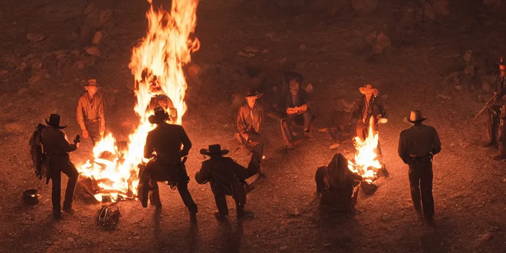 Image similar to birds - eye - view of rugged bandit cialien murphy ( ( alone ) ) in the old west, handcuffed by shackles at a campfire and thomas brodie - sangster ( ( alone ) ), violently fist fighting, volumetric lighting, cinematic, dark, grim, magic - the - gathering