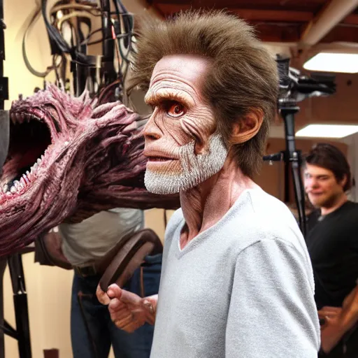 Image similar to animatronic Willem Dafoe by Stan Winston studios, behind the scenes photo, detailed, 4k