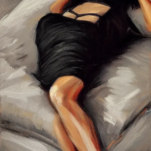 Image similar to Ground Level Shot, medium shot of a dark haired woman wearing a black dress, on a bed. by fabian perez