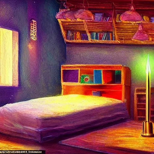 Image similar to a vivid bug with fringes of light and color enters a hostel room and lights a candle, fantasy art