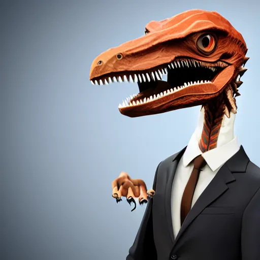 Image similar to a photo of an anthropomorpich velociraptor wearing a suit and talk with a phone, realistic, photorealism, detailed, 8k