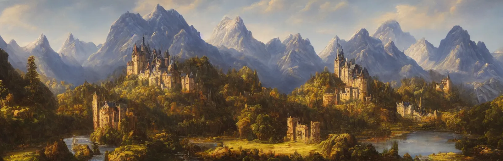 Image similar to landscape painting of multiple large castles connected,mountains,oil canvas,by Paul Bril,masterpiece,high quality,pretty,fantasy