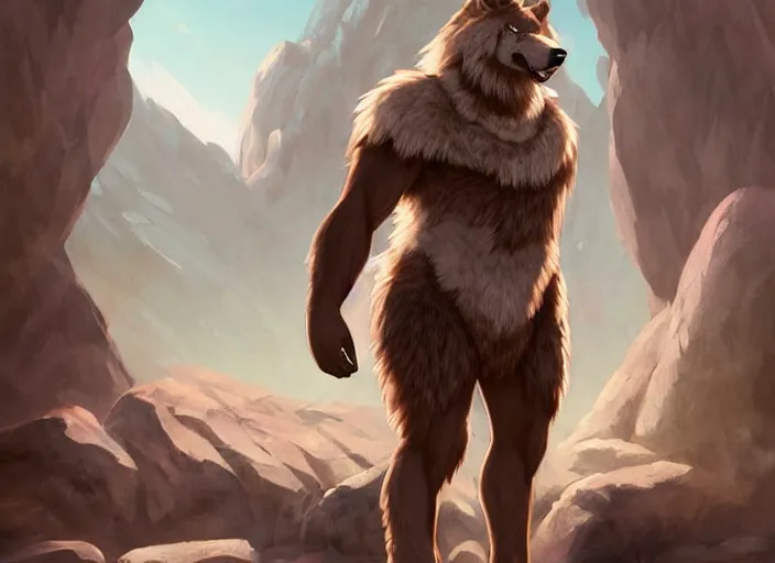 Image similar to burly tough character feature portrait of the anthro male anthropomorphic wolf fursona animal person wearing tribal primitive caveman loincloth outfit full wolf fur body standing in the entrance to the cave, perfect framed character design stylized by charlie bowater, ross tran, artgerm, makoto shinkai, detailed, soft lighting, rendered in octane masterpiece