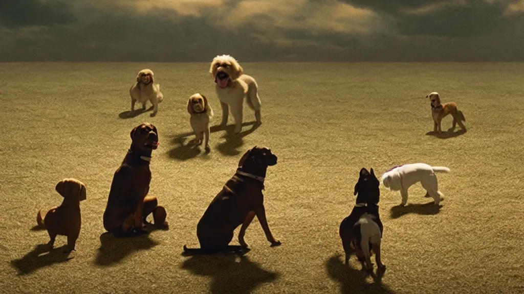 Prompt: all dogs go to heaven, film still from the movie directed by Denis Villeneuve with art direction by Salvador Dalí, wide lens