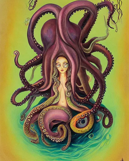 Image similar to Octopus goddess, a painting of a weird creature with a weird hat, a surrealist painting by Yoko d'Holbachie, trending on deviantart, pop surrealism, lowbrow, lovecraftian, whimsical