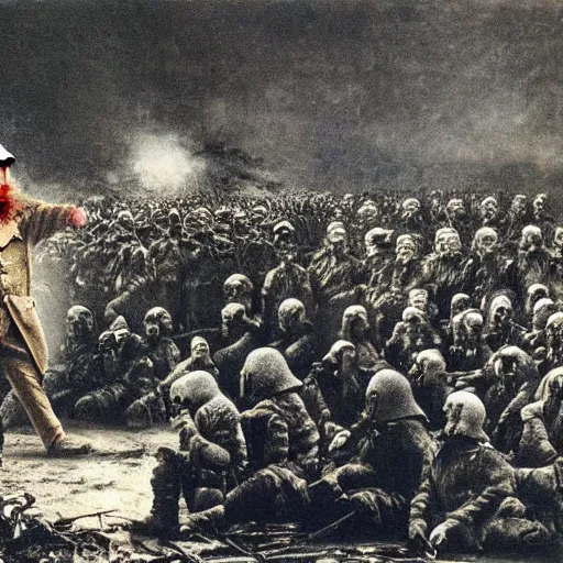 Image similar to A photo of elmo giving the troops a speech after long years of war, suffering, dark, historical moment, emotional, impressive, by Vasily Vereshchagin