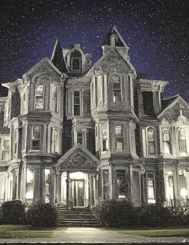 Image similar to a wide angle low photo of a ghostly victorian mansion at night list by spectral glowing orbs in the style of casey weldon