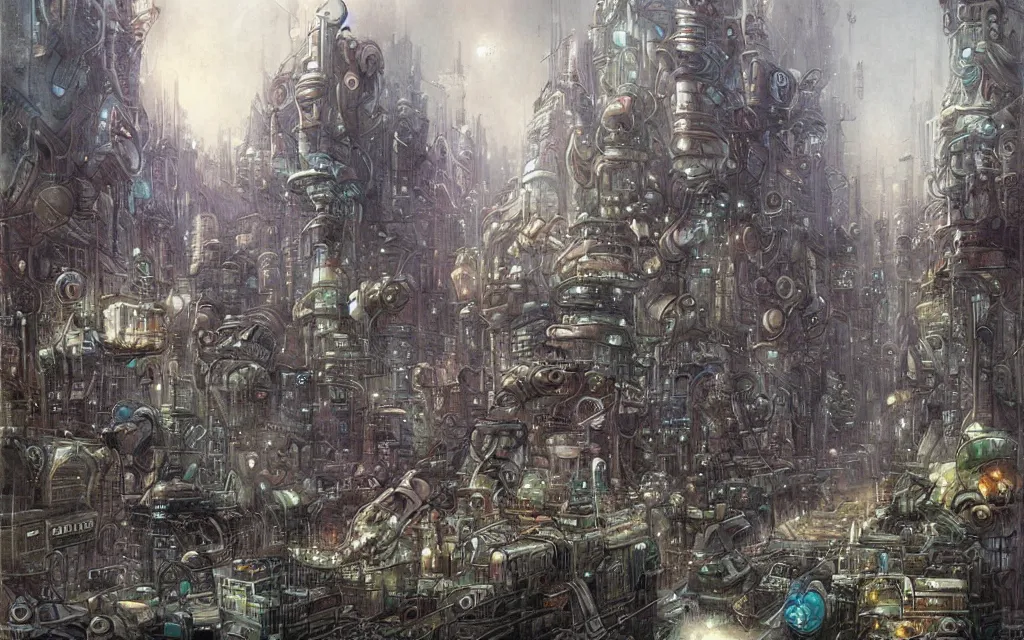 Prompt: retrofuturist robot city on planet robot by jean baptiste monge, muted colors,