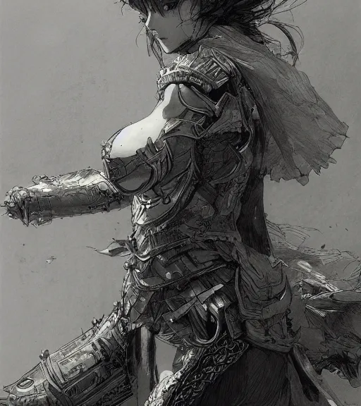 Image similar to anime woman in armor, pen and ink, intricate line drawings, by craig mullins, ruan jia, kentaro miura, greg rutkowski, loundraw