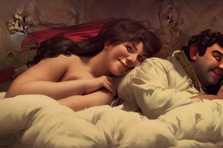 Image similar to pushkin and shrek lying in bed together, portrait, highly detailed, digital painting, artstation, concept art, smooth, sharp focus, illustration, cinematic lighting, art by artgerm and greg rutkowski and alphonse mucha