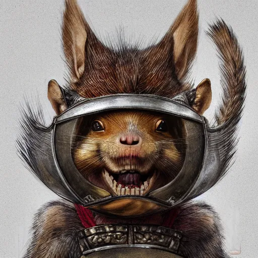 Prompt: centred detailed baroque portrait of a grotesque squirrel in a Japanese helmet and with katana, realistic creature concept, identical eyes, gazing eyes, beautiful eyes medium shot, elegant pose, fantasy, illustration, slender symmetrical face and body, artstation, cinematic lighting, hyperdetailed, cgsociety, 8k Resolution, high resolution, Charlie Bowater, Tom Bagshaw, Tom Richmond, single face, insanely detailed and intricate, beautiful, elegant, golden ratio, bloom and flowers in background, vfx, psychadelic