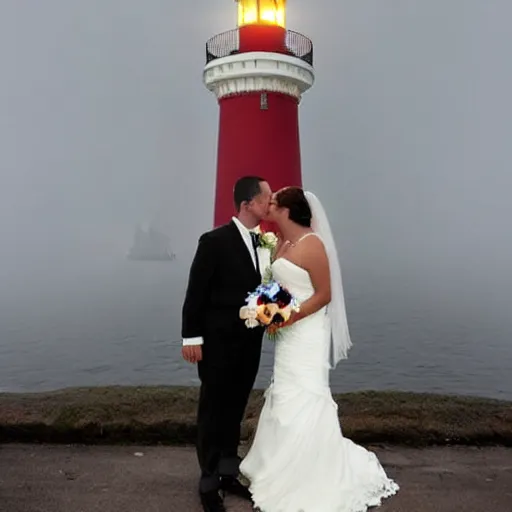 Prompt: a wedding! between two women!!! in front of a lighthouse!, fog!! joy! style of norman rockwell